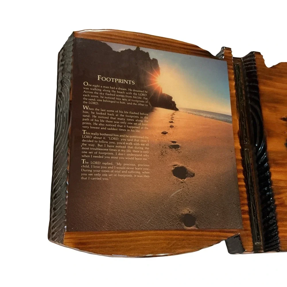Vintage Wood Footprints in the Sand Poem Wall Plaque Clock Rustic Decor 19.5in